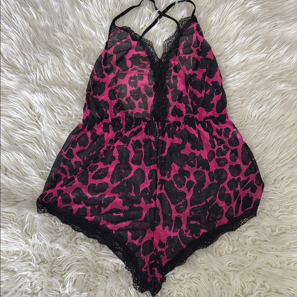 Pink and Black Lace Trimmed Women's Romper. SHEER!